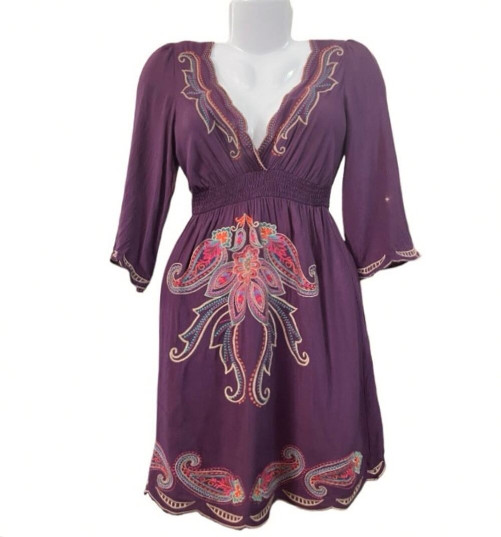 Flying Tomato Women's Plum Woven Smocked Waist Embroidered Mini Dress Boho SZ S